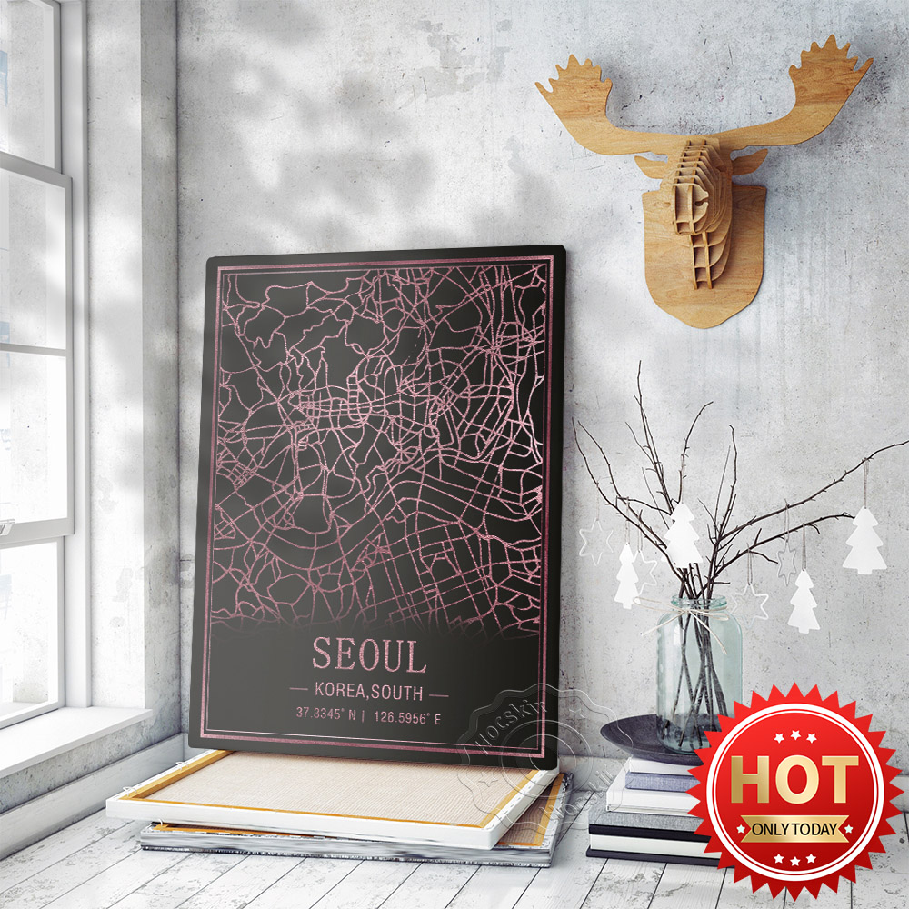 South Korea Lifestyle - โซลเกาหลีใต้แผนที่โปสเตอร์,World Travel City สีดำสีชมพูแผนที่ Decor ภาพผนัง,nordic